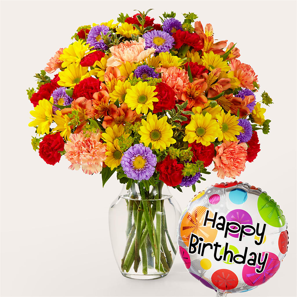 Kaleidoscope Bouquet with Birthday Balloon – Unique Flowers And Wedding, Miami FL