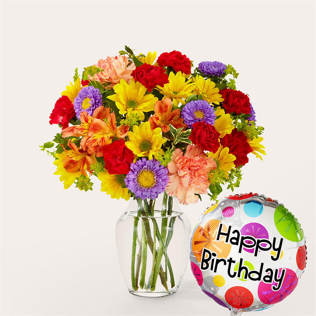 Kaleidoscope Bouquet with Birthday Balloon – Unique Flowers And Wedding, Miami FL