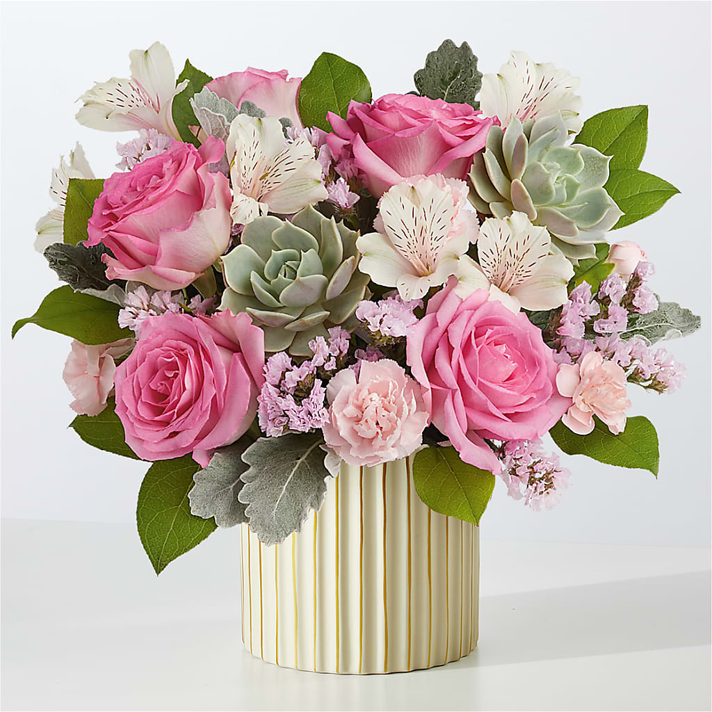 Dusty Rose Bouquet with Ivory Vase – Unique Flowers And Wedding, Miami FL