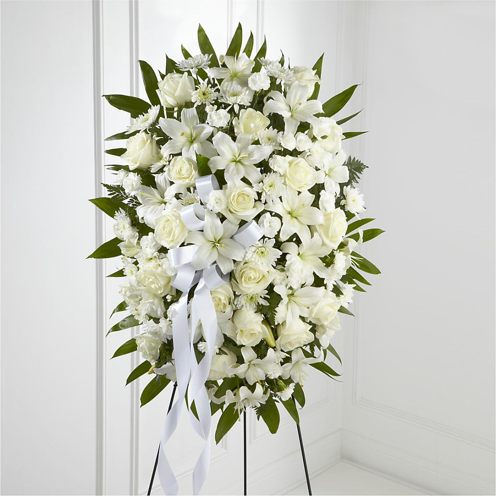 Exquisite Tribute Standing Spray-White Ribbon – Unique Flowers And Wedding, Miami FL
