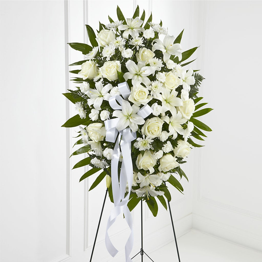 Exquisite Tribute Standing Spray-White Ribbon – Unique Flowers And Wedding, Miami FL