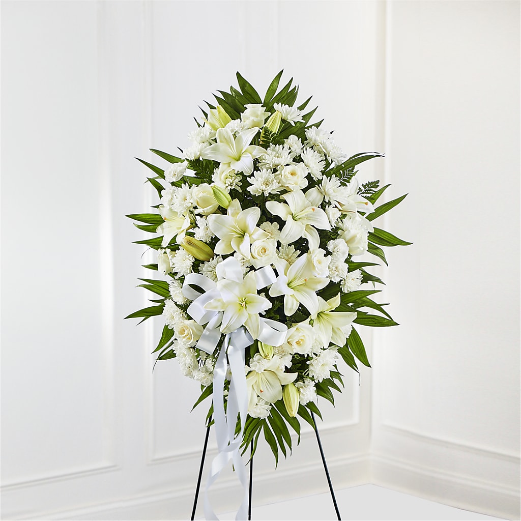 Exquisite Tribute Standing Spray-White Ribbon – Unique Flowers And Wedding, Miami FL