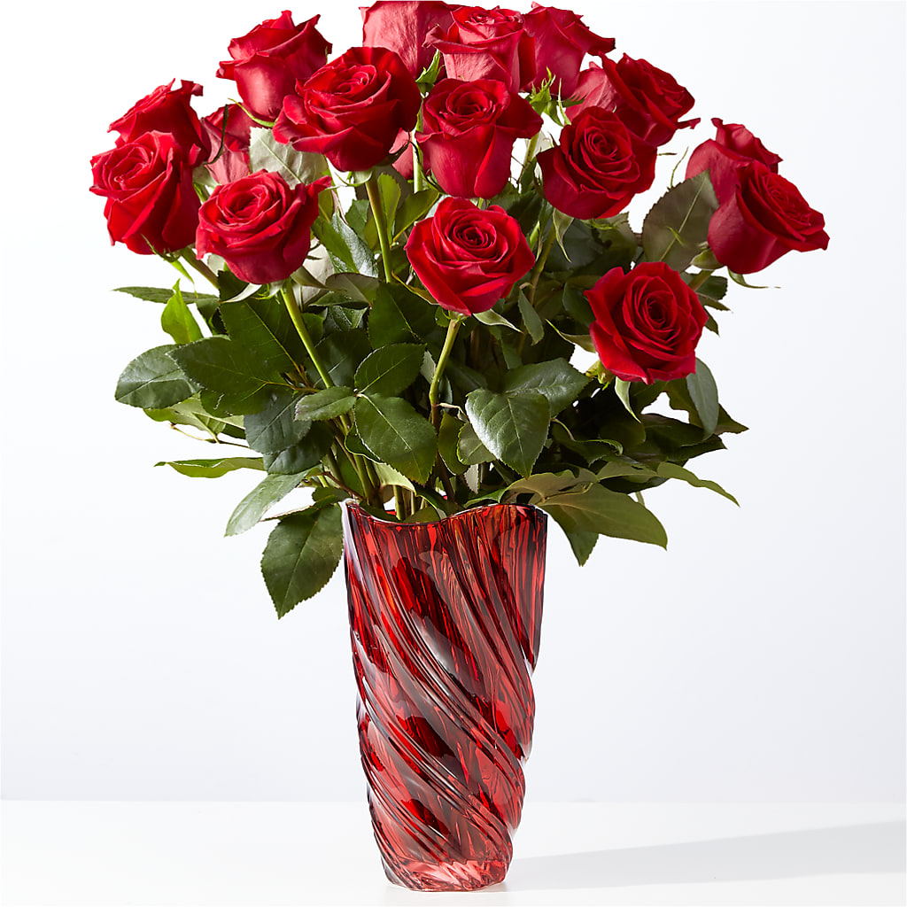 Classic Love Red Rose Bouquet with Luxe Swirl Vase – Unique Flowers And Wedding, Miami FL