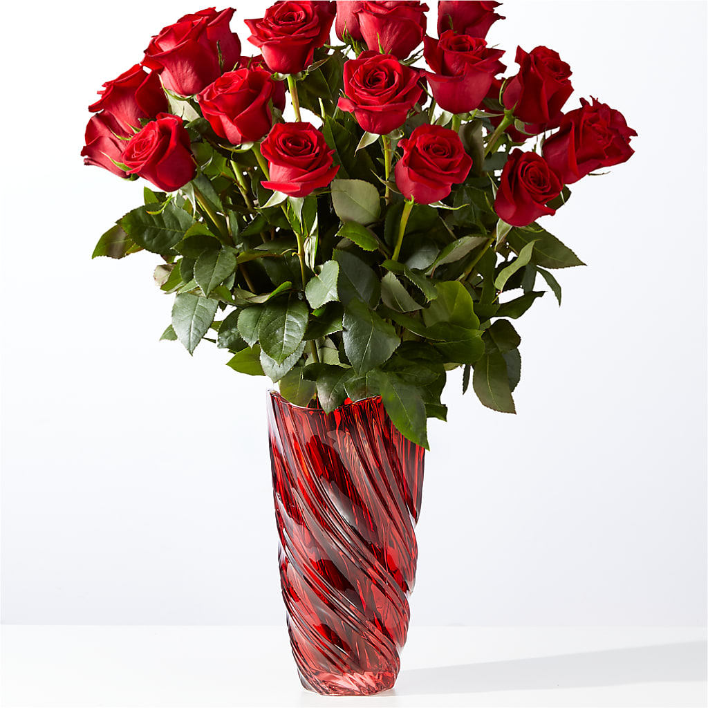 Classic Love Red Rose Bouquet with Luxe Swirl Vase – Unique Flowers And Wedding, Miami FL