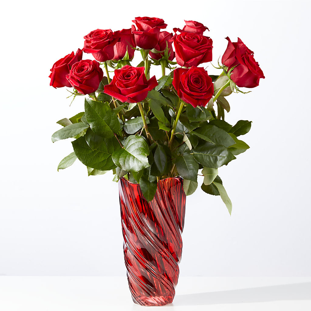 Classic Love Red Rose Bouquet with Luxe Swirl Vase – Unique Flowers And Wedding, Miami FL